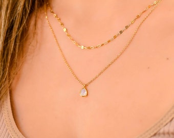 Dainty Moonstone Necklace, Layered Gold Necklace Set, Gold Necklaces for Women, Dainty Teardrop Necklace, Double Layer Necklaces for Women