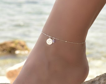 Dainty Silver Anklet Initial, Anklet, Silver Anklets for Women, Sterling Silver Ankle Bracelet for Women, Birthstone Anklet, Boho Anklet