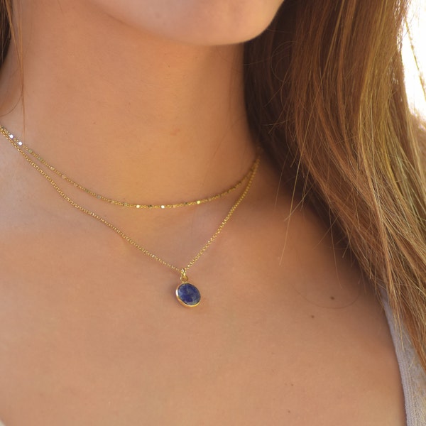 Layered Necklace Set, Dainty Layered Gold Necklace, Sapphire Quartz Necklace, Double Boho Necklaces for Women, Dainty Blue Stone Necklace