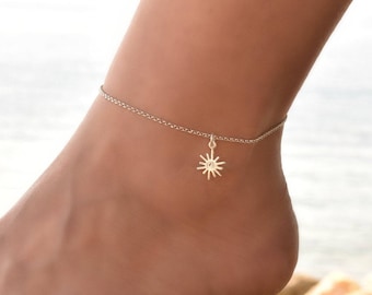 Silbernes Sonnen-Fußkettchen, zierliches Silber-Fußkettchen, Fußkettchen, zierliches Silber-Fußkettchen, Sterling-Silber-Fußkettchen, Sonnen-Fußkettchen, Körperschmuck