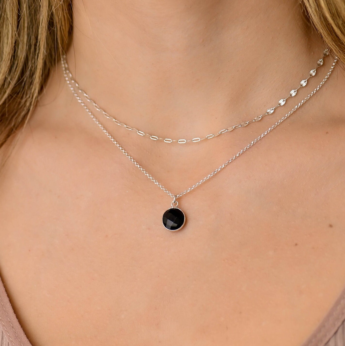 Black Onyx Necklace, Silver Necklaces for Women, Black Onyx Stone Necklace, Layered Necklace Set,  Dainty Layered Necklace Set