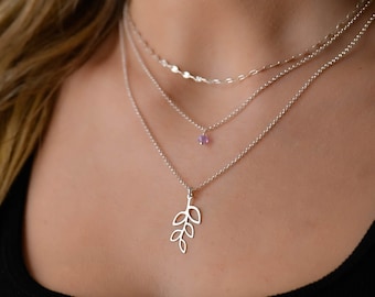 Gelaagde geboortesteen olijftak ketting, meerlaagse ketting, gelaagde zilveren kettingen voor vrouwen, gestapelde gelaagde zilveren kettingset
