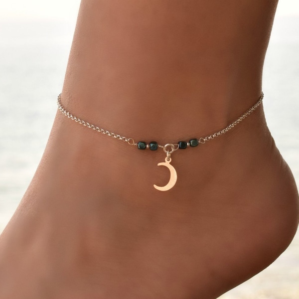 Moon Anklet, Boho Anklet, Beaded Beach Anklet, Delicate Anklet Bracelet, Sterling Silver Anklet Bracelet, Anklets for Women, Anklet Jewelry