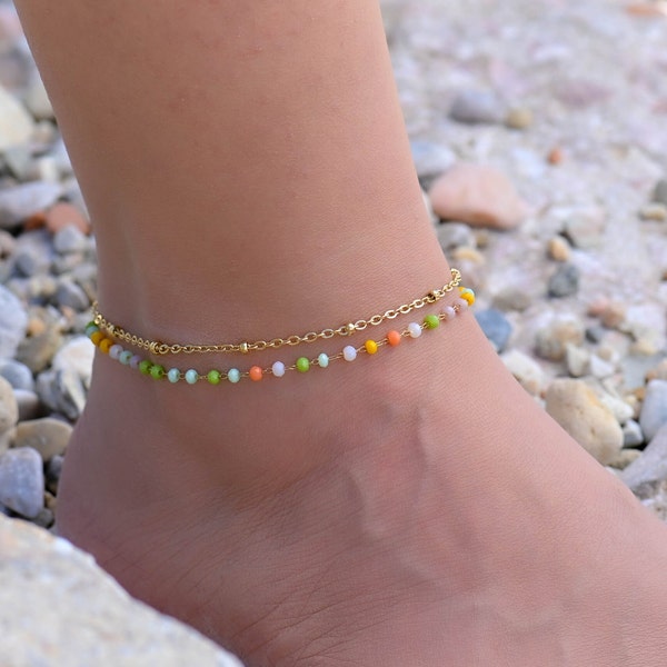 Rainbow Beaded Gold Ankle Chain, Gold Anklets for Women, Boho Gold Anklet Set, Ankle Bracelet, Ankle Bracelet Multi Layered Chains