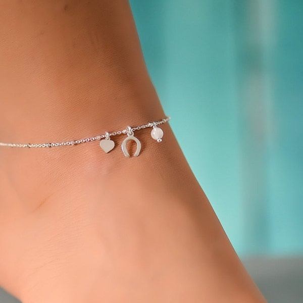 Silver Horse Shoe Anklet, Silver Anklets for Women, Ankle Bracelet for Women, Sterling Silver Anklet, Beach Wedding, Good Luck Charm Jewelry