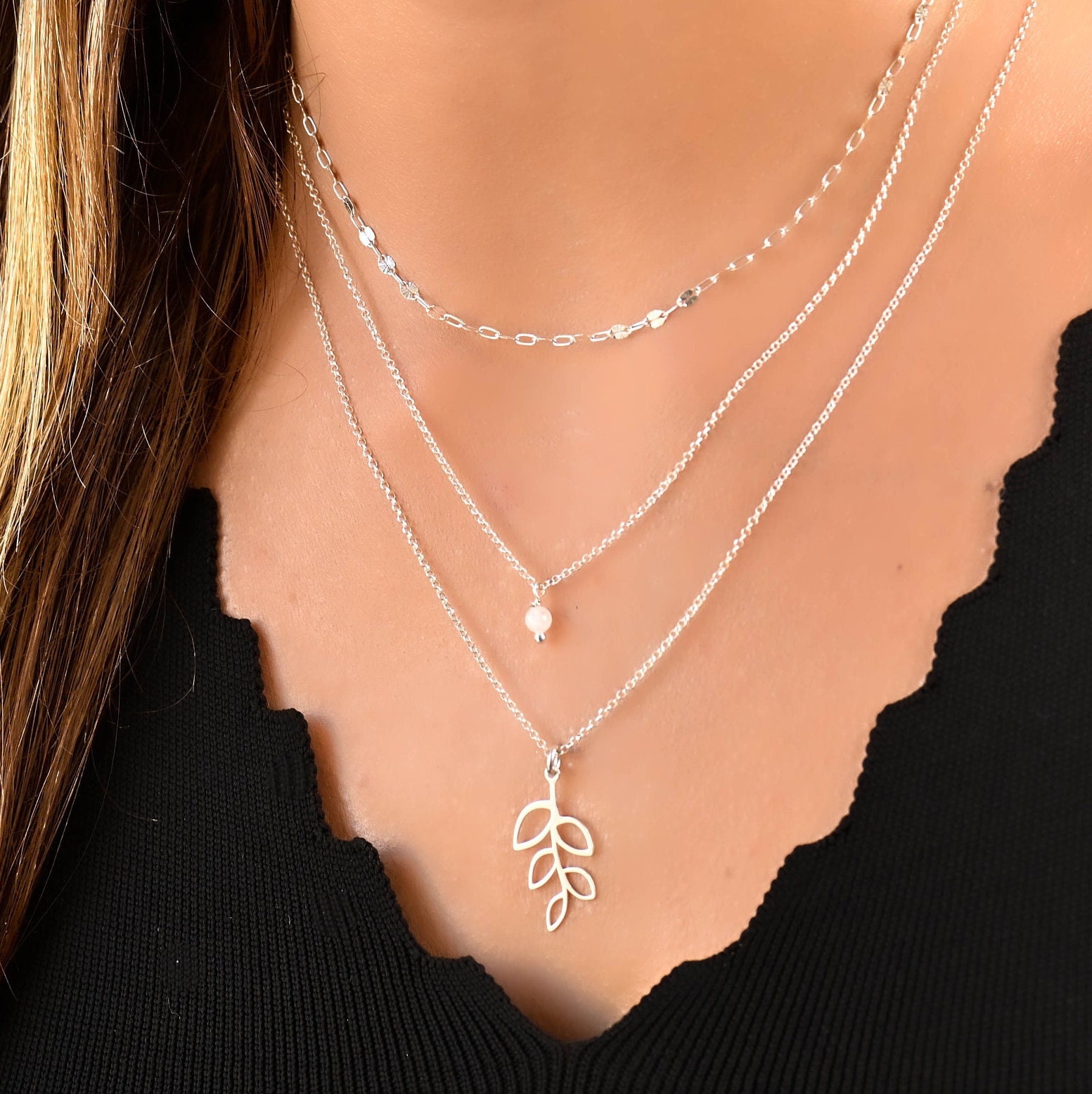 Layered Silver Leaf Necklace Set, Layered Necklace Set