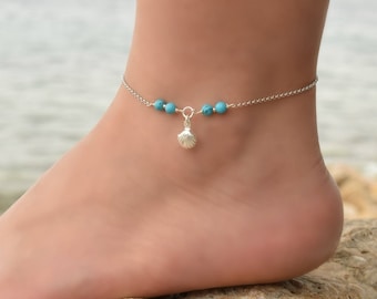Türkis Muschel Fußkettchen, Sterling Silber Fußkettchen für Frauen, Silber Boho Fußkettchen für Frauen, Perlen Strand Fußkettchen, Muschel Fußkettchen