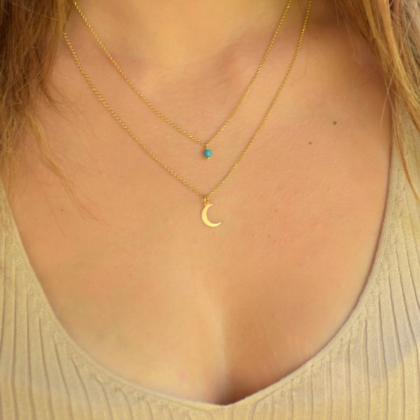 Double Layered Necklace Set, Layered Necklace for Women, Dainty Layered Stone Necklace,  Gold Moon Necklace, Dainty Boho Necklace