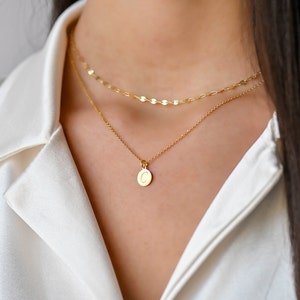Dainty layered necklace set of two, Gold Necklaces for Women, Gold Initial Disc Necklace, Double Layered Gold Letter Necklace