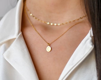 Dainty layered necklace set, Gold Necklaces for Women, Gold Initial Disc Necklace, Boho Gold Necklace, Double Layered Gold Letter Necklace