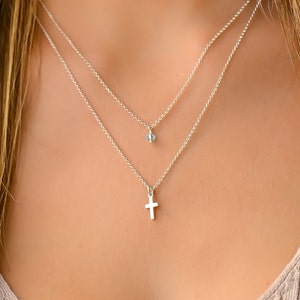 Layered Cross Necklace Set, Cross Necklaces for Women, Double Necklaces for Women, Dainty Silver Necklace Set,  Custom Birthstone Necklace