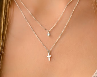 Zierliche geschichtete Kreuz Halsketten-Set von Zwei, Kreuz Halsketten für Frauen, Doppel Halsketten für Frauen, Zierliche Silber Halskette Set