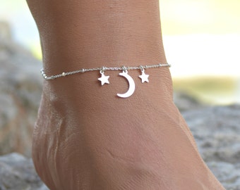 Måne- och stjärnfotlänk, silverfotlänkar för kvinnor, fotlänk, fotledsarmband i sterlingsilver för kvinnor, fotledsarmband i månestil, månesmycken
