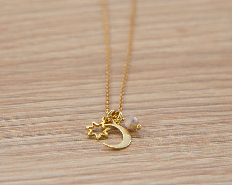Moonstone Necklace Moon and Star Necklace Simple Boho Necklace Small Gold Charm Necklace Celestial Jewelry Gold Moon Necklace