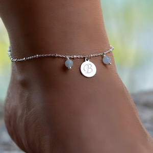 Initial Anklet, Silver Anklets for Women, Boho Ankle Bracelet, Sterling Silver Ankle Bracelet for Women, Aquamarine Anklet