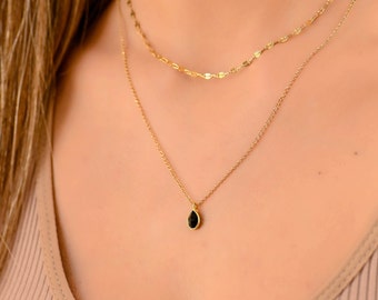 Black Onyx Stone Necklace, Gold Necklaces for Women, Gold Layered Necklace Set, Dainty Onyx Teardrop Necklace, Double Necklaces for Women