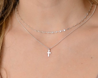 Dainty Silver Cross Necklace Set, Cross Necklace Women, Silver Necklaces for Women, Silver Layered Cross Necklace Set, Double Necklace