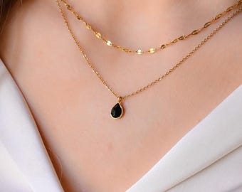 Black Onyx Pendant Gold Necklace, Dainty Gold Necklace Stack, Layered Gold Necklace Set, Double Chain Necklace Gold Jewel Pendants