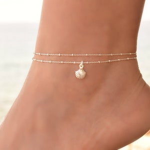 Shell Anklet Sterling Silver, Anklets for Women, Anklet, Delicate Silver Anklet Bracelet, Dainty Chain Anklet Set, Boho Charm Anklet