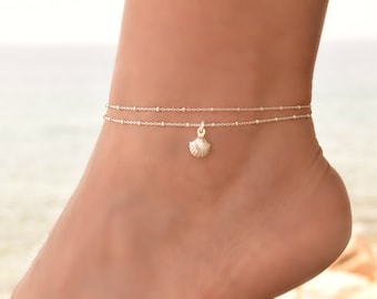 Shell Anklet Sterling Silver, Anklets for Women, Anklet, Delicate Silver Anklet Bracelet, Dainty Chain Anklet Set, Boho Charm Anklet