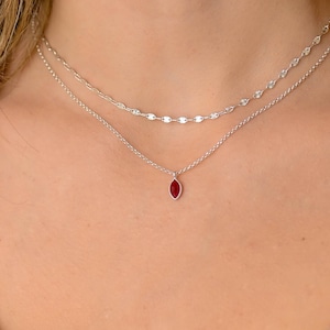 Dainty Tiny Ruby Necklace, Ruby Necklaces for Women, Tiny Ruby Stone Droplet Necklace, Sterling Silver Double Layered Silver Necklace Set