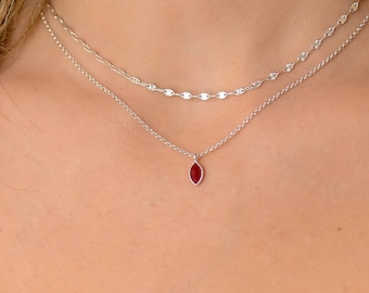 Dainty Tiny Ruby Necklace, Ruby Necklaces for Women, Tiny Ruby Stone Droplet Necklace, Sterling Silver Double Layered Silver Necklace Set