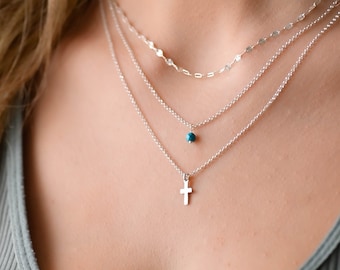 Layered Silver Multi Chain Necklace Set, Silver Multi Strand Necklace, Layered Silver Cross Necklace Set, Sterling Silver Necklace for Women