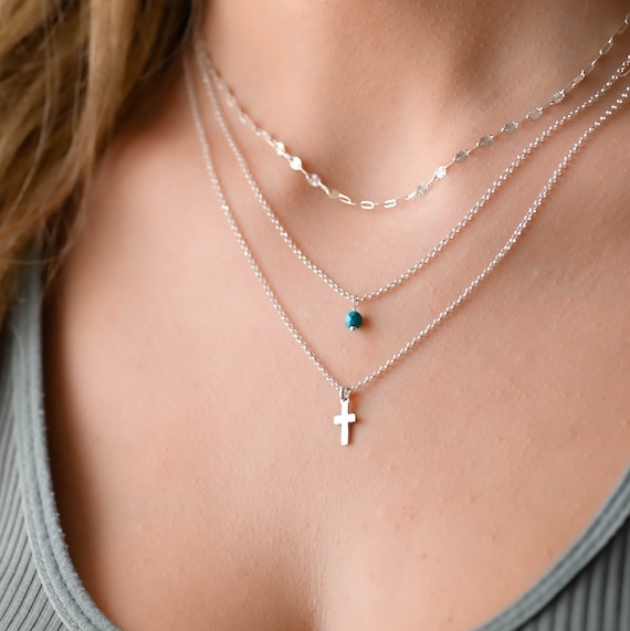 Sideways Cross Choker Necklace - Sterling Silver Cubic Zirconia, 13+2 Inch, Dainty Layering