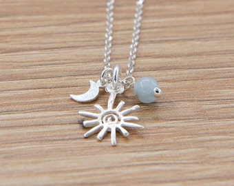 Måne- och solhalsband i silver, sol- och månehalsband, himmelskt halsband, akvamarinhalsband, måne- och stenhalsband, himmelska smycken