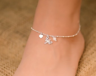 Dragonfly Moonstone Anklet, Silver Anklets for Women, Ankle Bracelets for Women Sterling Silver, Dragonfly Heart Anklet, Dragonfly Jewelry