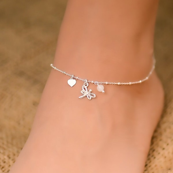 Dragonfly Moonstone Anklet, Silver Anklets for Women, Ankle Bracelets for Women Sterling Silver, Dragonfly Heart Anklet, Dragonfly Jewelry