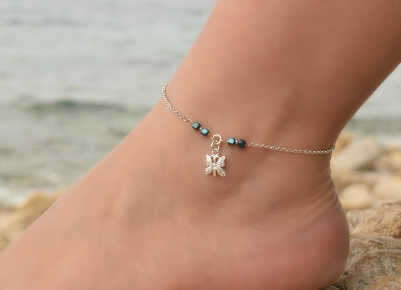 Fjärilsfotlänk, Fotlänkar i sterlingsilver för kvinnor, Elegant fotlänk i månsten, Boho fotlänk med pärlor, Silverfotledsarmband för kvinnor bild 6