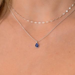 Minimalist Layered Necklace Set, Layered Necklace, Double Layered Silver Chain Necklace, Small Blue Stone Droplet Pendant Necklace