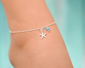 Dainty Silver Beach Anklet, Anklets for Women, Ankle Bracelets for Women Sterling Silver, Starfish Anklet, Beach Wedding, Dainty Jewelry