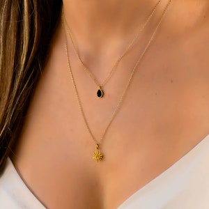 Black Onyx Sun Necklace, Dainty Layered Gold Necklace Set, Multi Strand Necklaces, Double Gold Necklaces for Women, Boho Necklaces for Women
