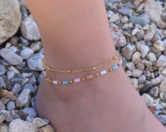 Bracelet De Cheville Double Couche Doré Pour Femmes - Ajustable, Avec Symbole Croix Et œil Protecteur, Alliage Résistant