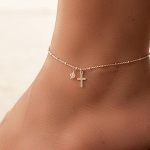 Dainty Silver Cross Anklet, Sterling Silver Anklets for Women, Anklets for Women, Moonstone Anklet, Ankle Bracelet, Cross Ankle Bracelet