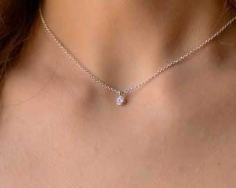Dainty Tiny CZ Solitaire Necklace, Necklaces for Women, Elegant CZ Solitaire Necklace, Tiny CZ Pendant Necklace Sterling Silver