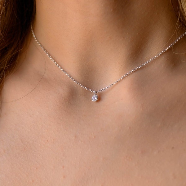 Dainty Tiny CZ Silver Necklace, Silver Necklaces for Women, Minimalist Cz Necklace, Minimal Cz Necklace for Women Sterling Silver