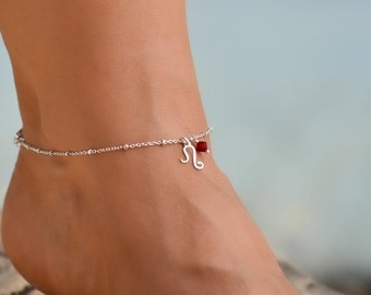 Silver Leo Birthstone Zodiac Anklet, Silver Anklet, Anklets for Women, Leo Ankle Bracelet, Sterling Silver Anklet, Leo Jewelry