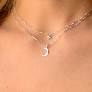 Doppelschicht Silber Mond Halskette Kette, Mond Halsketten für Frauen, geschichtetes Halsketten Set, Minimalistische geschichtete Mond Halskette, Mond Schmuck Set