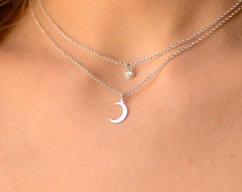 Double Layer Silver Moon Necklace Chain, Moon Necklaces for Women, Layered Necklace Set, Minimalist Layered Moon Necklace, Moon Jewelry Set