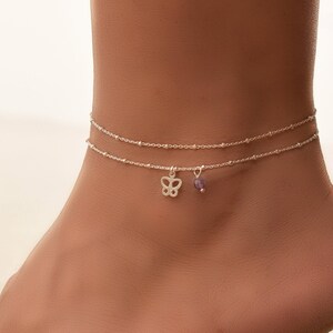 Dainty Butterfly Anklet, Silver Anklets for Women, Anklet, Sterling Silver Ankle Bracelet, Layered Double Anklet Set
