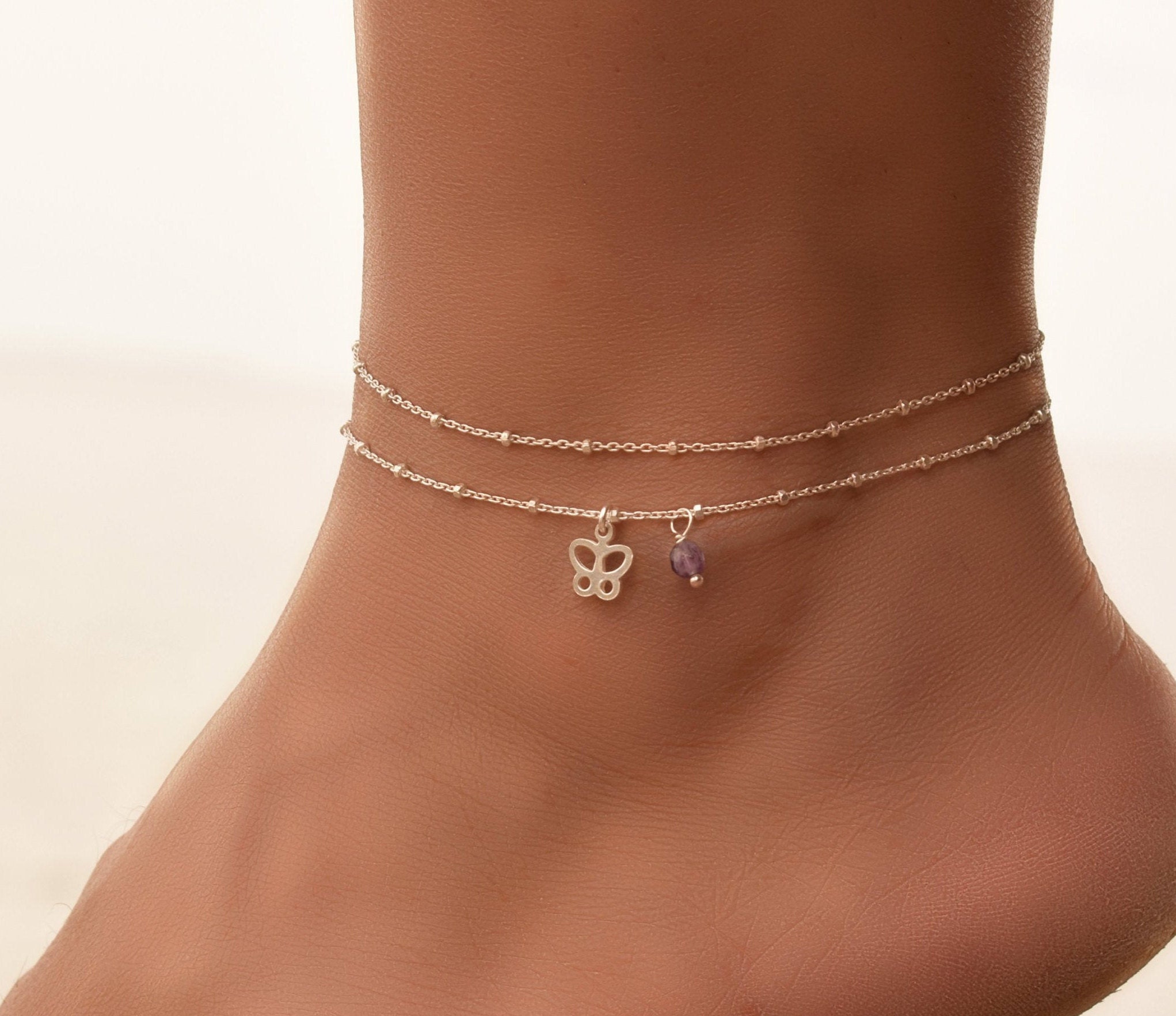 Download Dainty Butterfly Anklet Silver Anklets For Women Anklet Sterling Silver Ankle Bracelet Layered Double Anklet Set