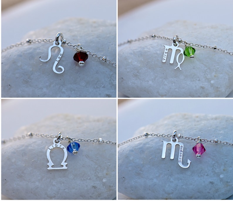 Puede incluir: Cuatro pulseras de plata con un dije de signo del zod&iacute;aco y una peque&ntilde;a cuenta de cristal. Los dijes son Leo, Virgo, Libra y Escorpio. Cada dije tiene el signo del zod&iacute;aco y el nombre del signo grabado en &eacute;l.