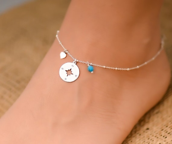 Anklet Ankle Bracelet Compass Charm Blue Beads Adjustable Length Sterling Silver Anklet Ankle Bracelet Compass Charm Blue Beads Adjustable Length Sterling Silver