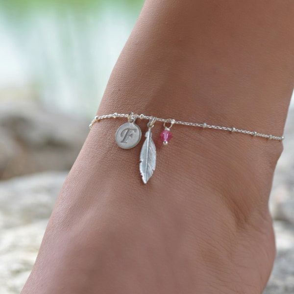 Initial Anklet Feather, Sterling Silver Ankle Bracelet, Anklets for Women, Swarovski Birthstone Anklet, Boho Anklets for Women