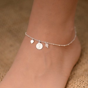 Tobillera inicial del corazón, Tobillera, Tobilleras Boho para mujeres, Tobillera de piedra lunar con letra, Pulseras de tobillo para mujeres, Tobilleras de plata de ley para mujeres