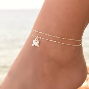 Butterfly Anklet Sterling Silver, Anklets for Women, Anklet, Delicate Silver Anklet Bracelet, Dainty Chain Anklet Set, Boho Charm Anklet