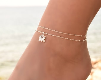 Butterfly Anklet Sterling Zilver, Enkelbanden voor vrouwen, enkelband, delicate zilveren enkelband, dainty chain enkelset, Boho Charm Enkelband